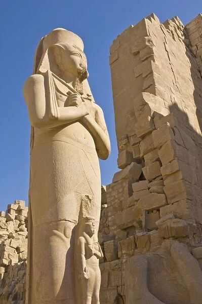 Giant statue of the great pharaoh Rameses II with the small statue of his daughter Bent anta between his legs in the forecourt behind the first Pylon of the great Temple at Karnak near Luxor, Thebes, UNESCO World Heritage Site, Egypt, North