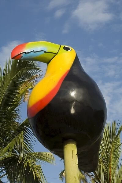 Giant statue of Toucan at the dock at the town of Tortuguero, Costa Rica, Central America