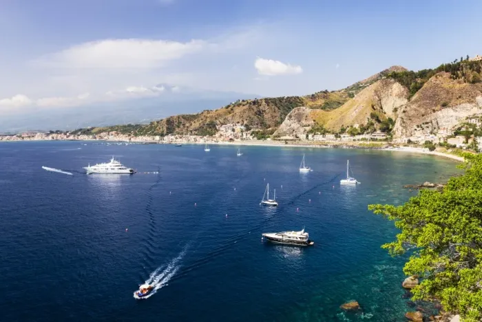 Framed Print : Giardini Naxos Bay, boats in the harbor at Taormina, Sicily, Italy, Mediterranean, Europe Framed Print : Giardini Naxos Bay, boats in the harbor at Taormina, Sicily, Italy, Mediterranean, Europe