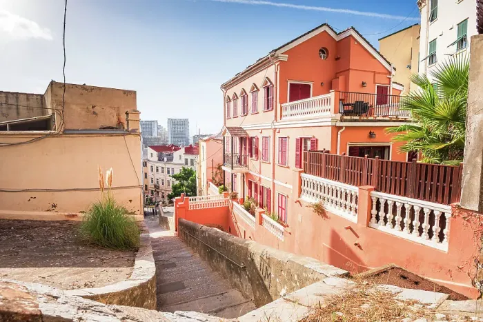 Framed Print : Gibraltar Castle Steps, beautiful residential area on the hill of narrow alleys, Gibraltar, Europe Framed Print : Gibraltar Castle Steps, beautiful residential area on the hill of narrow alleys, Gibraltar, Europe