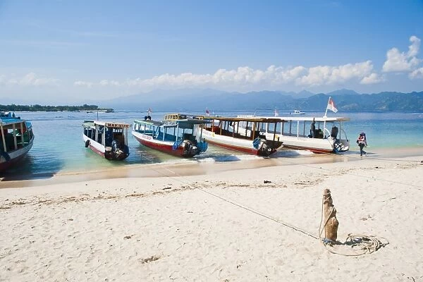 Gili Trawangan harbour, traditional Indonesian boats moored up, Gili Islands, Indonesia, Southeast Asia, Asia