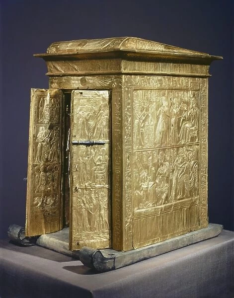 The gilt shrine which originally contained the statuettes of the royal couple in the tomb of the pharaoh Tutankhamun, discovered in the Valley of the Kings, Thebes, Egypt, North