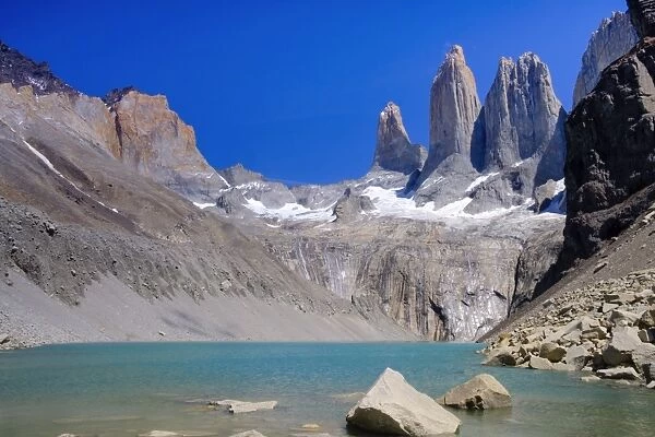 A glacial lake and the rock towers that give the Torres del Paine range its name