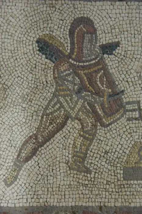 Framed Print : Detail of a gladiator from carpet border in mosaic dating from 350 AD, Roman Villa Framed Print : Detail of a gladiator from carpet border in mosaic dating from 350 AD, Roman Villa