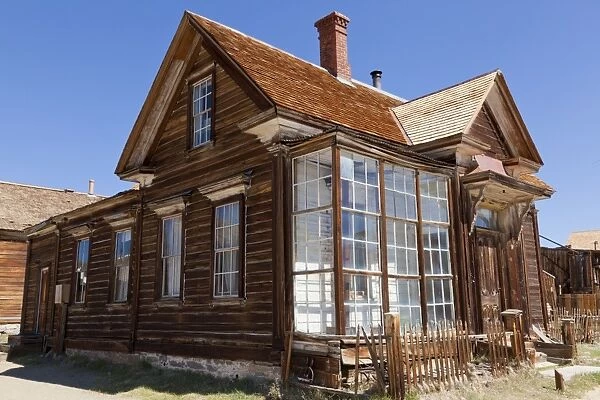 Glass fronted house of Js Cain the principal property owner in the California gold mining ghost town, Green Street, Bodie State Historic Park, Bodie, Bridgeport, California, United States of America
