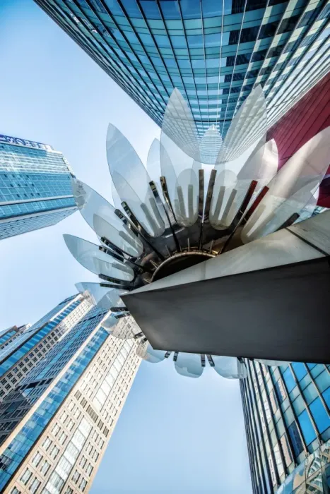 Framed Print : Glass and metal Lotus installation in front of HSBC Bank with surrounding new skyscrapers Framed Print : Glass and metal Lotus installation in front of HSBC Bank with surrounding new skyscrapers