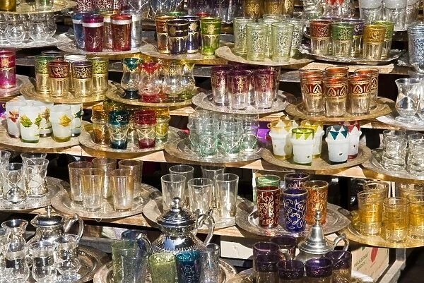 Glasses for sale in the souk, Medina, Marrakech (Marrakesh), Morocco, North Africa