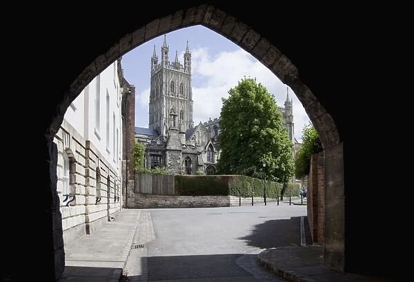 Gloucester Cathedral from the northwest, seen from St. Marys Gate, Gloucester, Gloucestershire, England, United Kingdom, Europe