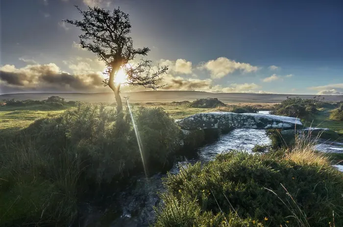 Framed Print : A gnarled old hawthorn tree silhouetted by the setting sun, with an ancient stone bridge crossing a stream nearby, on open moorland, Gidleigh Common, near Chagford, Dartmoor National Park, Devon, England, United Kingdom, Europe Framed Print : A gnarled old hawthorn tree silhouetted by the setting sun, with an ancient stone bridge crossing a stream nearby, on open moorland, Gidleigh Common, near Chagford, Dartmoor National Park, Devon, England, United Kingdom, Europe