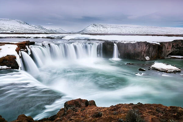 Godafoss in Northern Iceland, at blue hour during the last of the winter weather