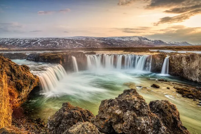 Framed Print : Godafoss waterfall at sunrise, Northern Iceland, Polar Regions Framed Print : Godafoss waterfall at sunrise, Northern Iceland, Polar Regions