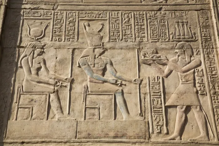 Framed Print : Gods Hathor on left and Haroeris in centre with Pharaoh on the right, Wall Reliefs Framed Print : Gods Hathor on left and Haroeris in centre with Pharaoh on the right, Wall Reliefs