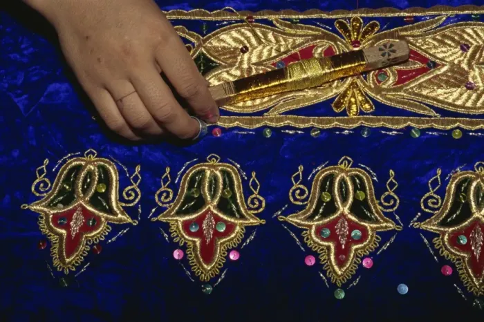 Framed Print : Detail of gold embroidery work in embroidery factory, Bukhara, Uzbekistan Framed Print : Detail of gold embroidery work in embroidery factory, Bukhara, Uzbekistan