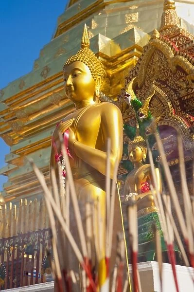 Gold leaf Buddha and incense sticks at Wat Doi Suthep Temple, Chiang Mai, Thailand, Southeast Asia, Asia