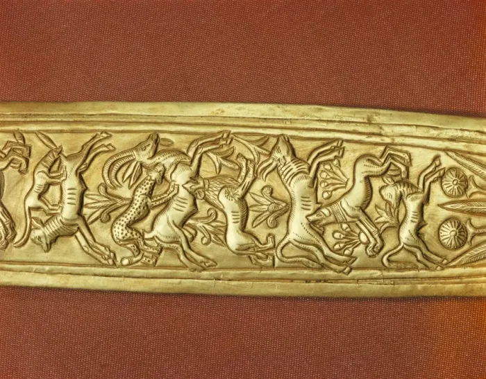 Framed Print : Detail of the gold sheath of one of the kings daggers showing animals in a hunting scene Framed Print : Detail of the gold sheath of one of the kings daggers showing animals in a hunting scene