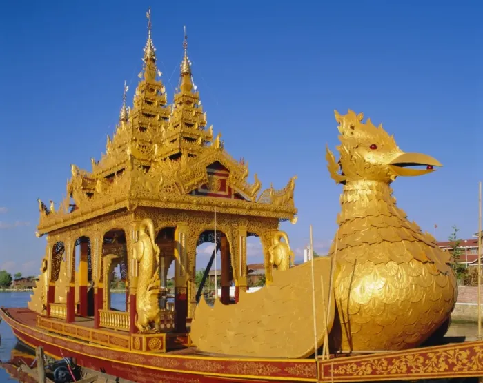 Framed Print : Golden barge, Inle Lake, Myanmar (Burma), Asia Framed Print : Golden barge, Inle Lake, Myanmar (Burma), Asia