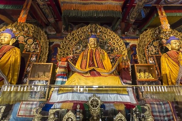 Golden Buddha statues and display items, Baruun Zuu temple, Erdene Zuu Khiid, Monastery