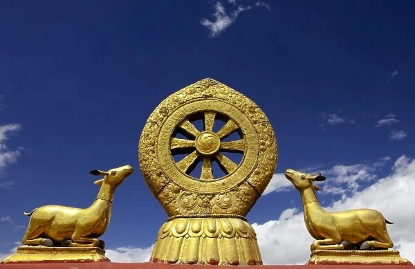 A golden dharma wheel and deer sculptures on the sacred Jokhang Temple roof, Barkhor Square, Lhasa, Tibet, China