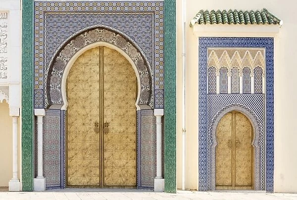 Golden doors and ornate mosaic wall on the Royal Palace of Fez (Dar el Makhzen), Fez