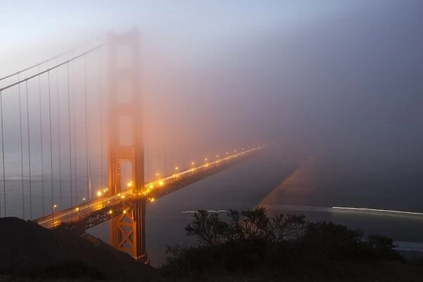Golden Gate Bridge in dawn fog, San Francisco, California, United States of America, North America