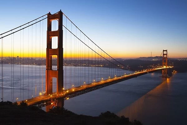 Golden Gate Bridge and San Francisco skyline at dawn, San Francisco, California, United States of America, North America