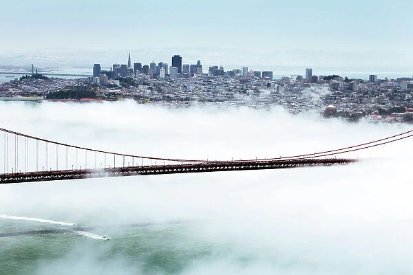 Golden Gate Bridge and the San Francisco skyline floating above the fog on a foggy day in San Francisco, California, United States of America, North America