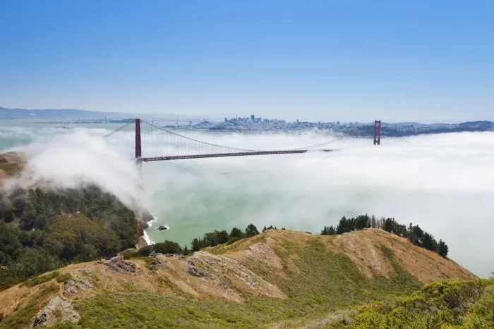 Framed Print : Golden Gate Bridge and the San Francisco skyline floating above the fog on a foggy day in San Francisco, California, United States of America, North America Framed Print : Golden Gate Bridge and the San Francisco skyline floating above the fog on a foggy day in San Francisco, California, United States of America, North America