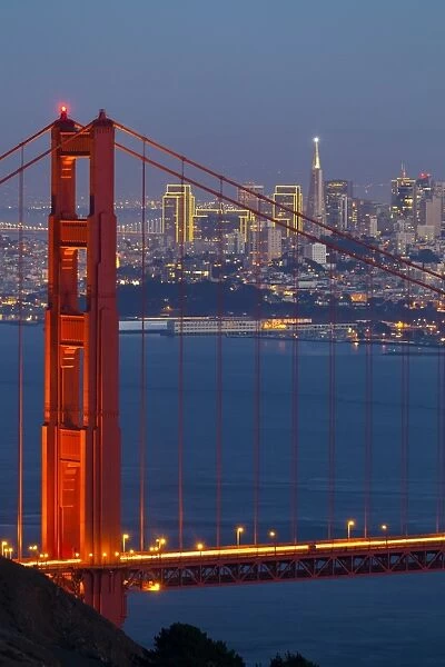 The Golden Gate Bridge and San Francisco skyline at night, San Francisco, California, United States of America, North America