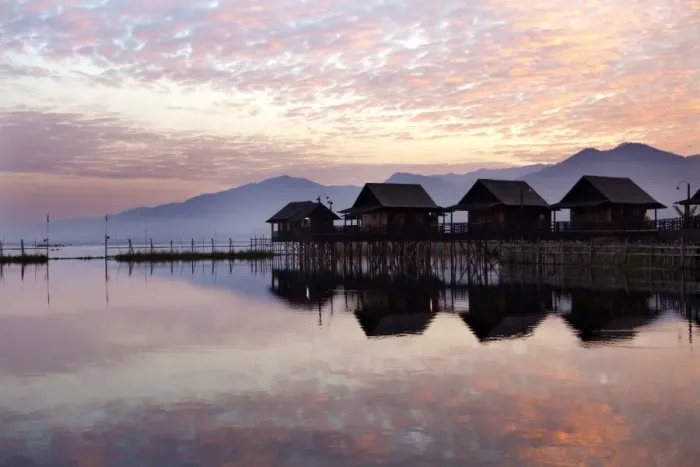 Framed Print : Golden Island Cottages at sunrise, tourist accommodation on Inle Lake, Myanmar (Burma) Framed Print : Golden Island Cottages at sunrise, tourist accommodation on Inle Lake, Myanmar (Burma)