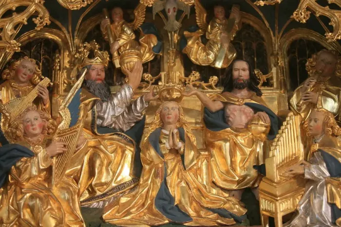 Framed Print : Golden oak retable showing Marys coronation, dating from the 16th century Framed Print : Golden oak retable showing Marys coronation, dating from the 16th century
