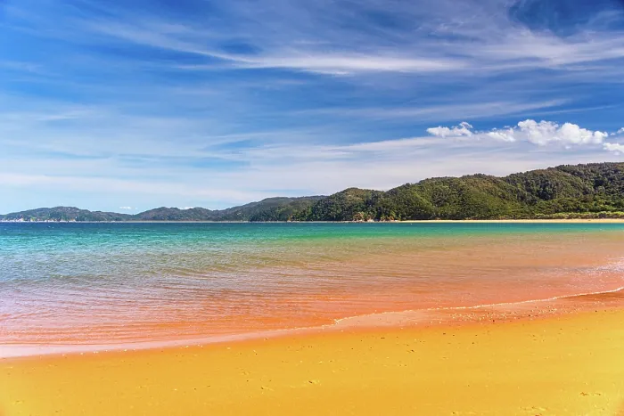 Framed Print : Golden Orange Beach and Turquoise Sea Under Blue Sky at Abel Tasman National Park, New Zealand Framed Print : Golden Orange Beach and Turquoise Sea Under Blue Sky at Abel Tasman National Park, New Zealand