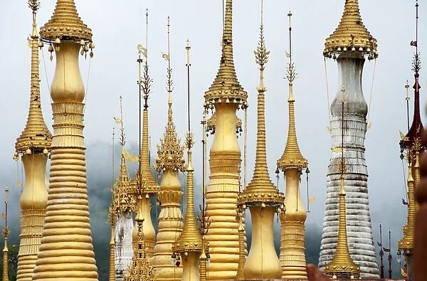 Golden pagodas at the Nyaung Oak monastery in Indein, the largest and oldest monastery on Inle Lake
