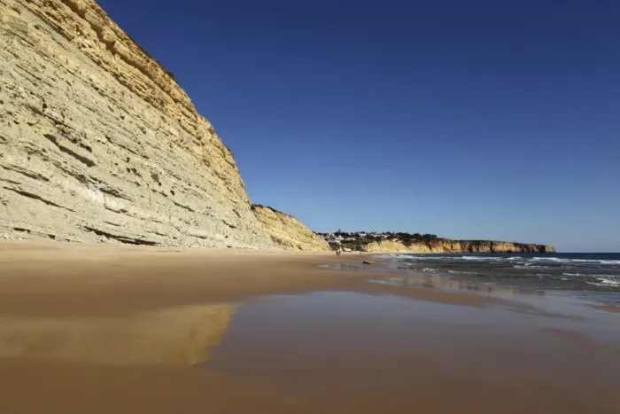 Framed Print : Golden sands and steep stratified cliffs, typical of the Atlantic coastline near Lagos, Algarve, Portugal, Europe Framed Print : Golden sands and steep stratified cliffs, typical of the Atlantic coastline near Lagos, Algarve, Portugal, Europe