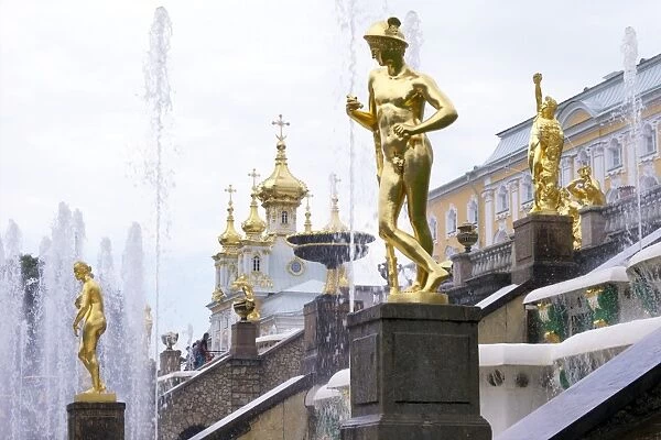 Golden statue of Hermes (Mercury), Grand Cascade, Peterhof (Petrodvorets), St. Petersburg, Russia, Europe