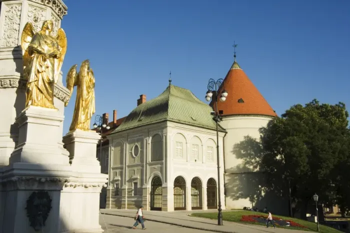 Framed Print : Golden statues, and 16th century fortifications in medieval Old Town of Kaptol Framed Print : Golden statues, and 16th century fortifications in medieval Old Town of Kaptol