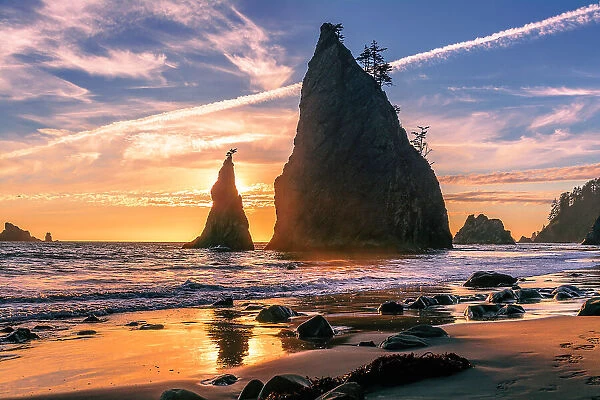 Golden sunset on Rialto Beach with sun behind the iconic rock formations, Washington State, United States of America, North America