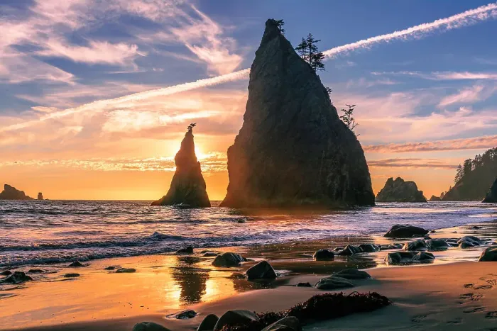 Framed Print : Golden sunset on Rialto Beach with sun behind the iconic rock formations, Washington State, United States of America, North America