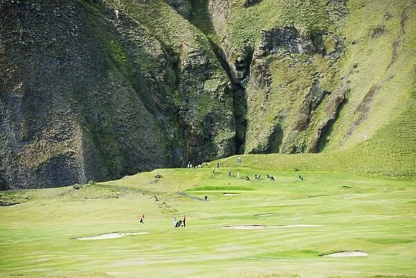 Golf course in a volcanic crater, Heimaey Island, Vestmannaeyjar, volcanic Westman Islands, Iceland, Polar Regions