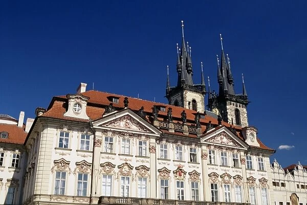 Golz-Kinsky Palace and Tyn church beyond, Old Town Square, Prague, Czech Republic, Europe