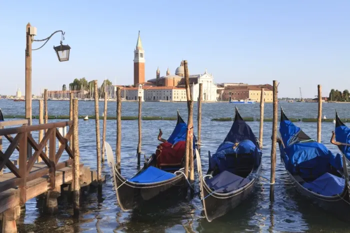 Framed Print : Gondolas moored on the Lagoon, San Giorgio Maggiore beyond, Riva degli Schiavoni Framed Print : Gondolas moored on the Lagoon, San Giorgio Maggiore beyond, Riva degli Schiavoni