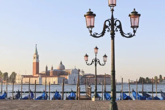 Framed Print : Gondolas moored on the Lagoon, San Giorgio Maggiore beyond, Riva degli Schiavoni Framed Print : Gondolas moored on the Lagoon, San Giorgio Maggiore beyond, Riva degli Schiavoni