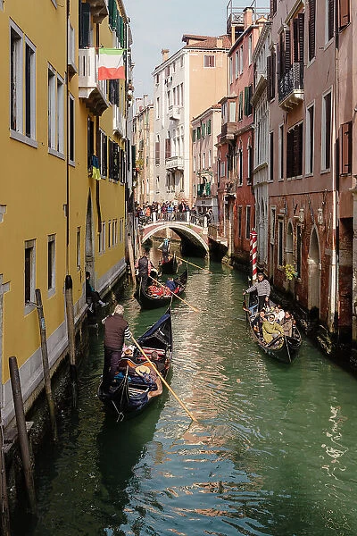 Gondolas with tourists on canal, Venice, UNESCO World Heritage Site, Veneto, Italy, Europe