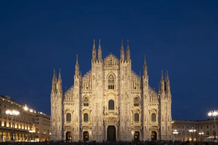 Framed Print : Gothic spires on the facade of the Milan Cathedral in the Piazza del Duomo at dusk, Milan Framed Print : Gothic spires on the facade of the Milan Cathedral in the Piazza del Duomo at dusk, Milan