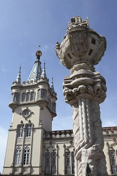 Gothic tower and heraldic column at the Town Hall (Camara Municipal) in Sintra