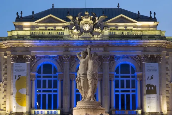 Framed Print : The Three Graces fountain and the Opera in Place de la Comedie in the city of Montpellier at night