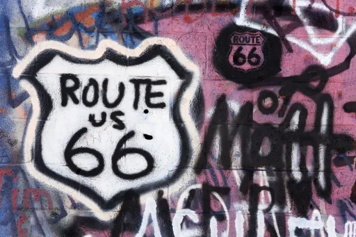 Framed Print : Graffiti covered gas station, Route 66, Amboy, California, United States of America Framed Print : Graffiti covered gas station, Route 66, Amboy, California, United States of America