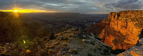 Grand Canyon viewed west of Moran Point at sunset with an approaching storm on the right