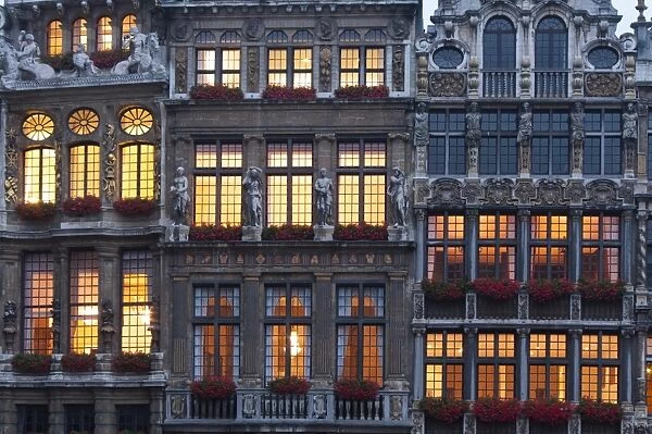 Grand Place building facade at dusk, UNESCO World Heritage Site, Brussels, Belgium, Europe