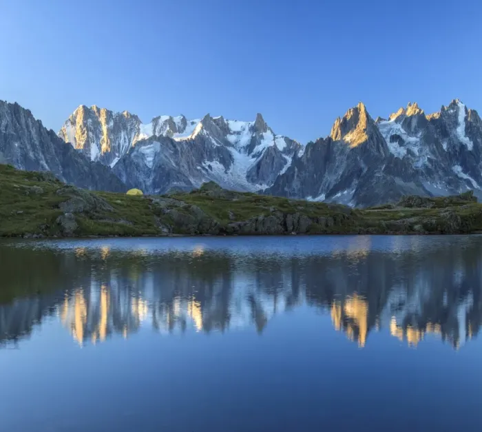 Framed Print : Grandes Jorasses and Dent du Geant reflected at sunrise in Lac des Cheserys, Haute Savoie Framed Print : Grandes Jorasses and Dent du Geant reflected at sunrise in Lac des Cheserys, Haute Savoie