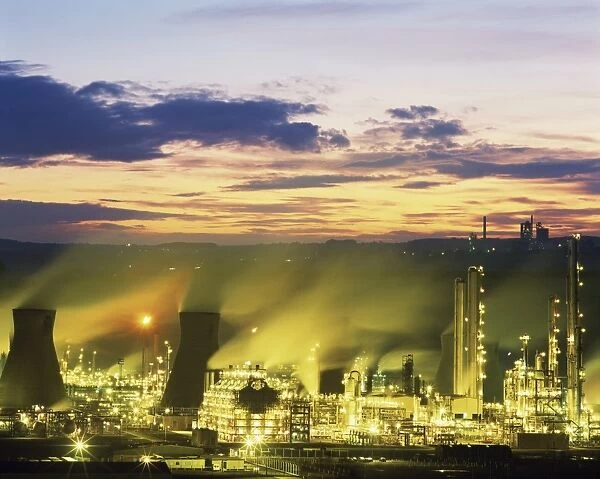 Grangemouth petro-chemical plant illuminated at dusk, Scotland, United Kingdom, Europe
